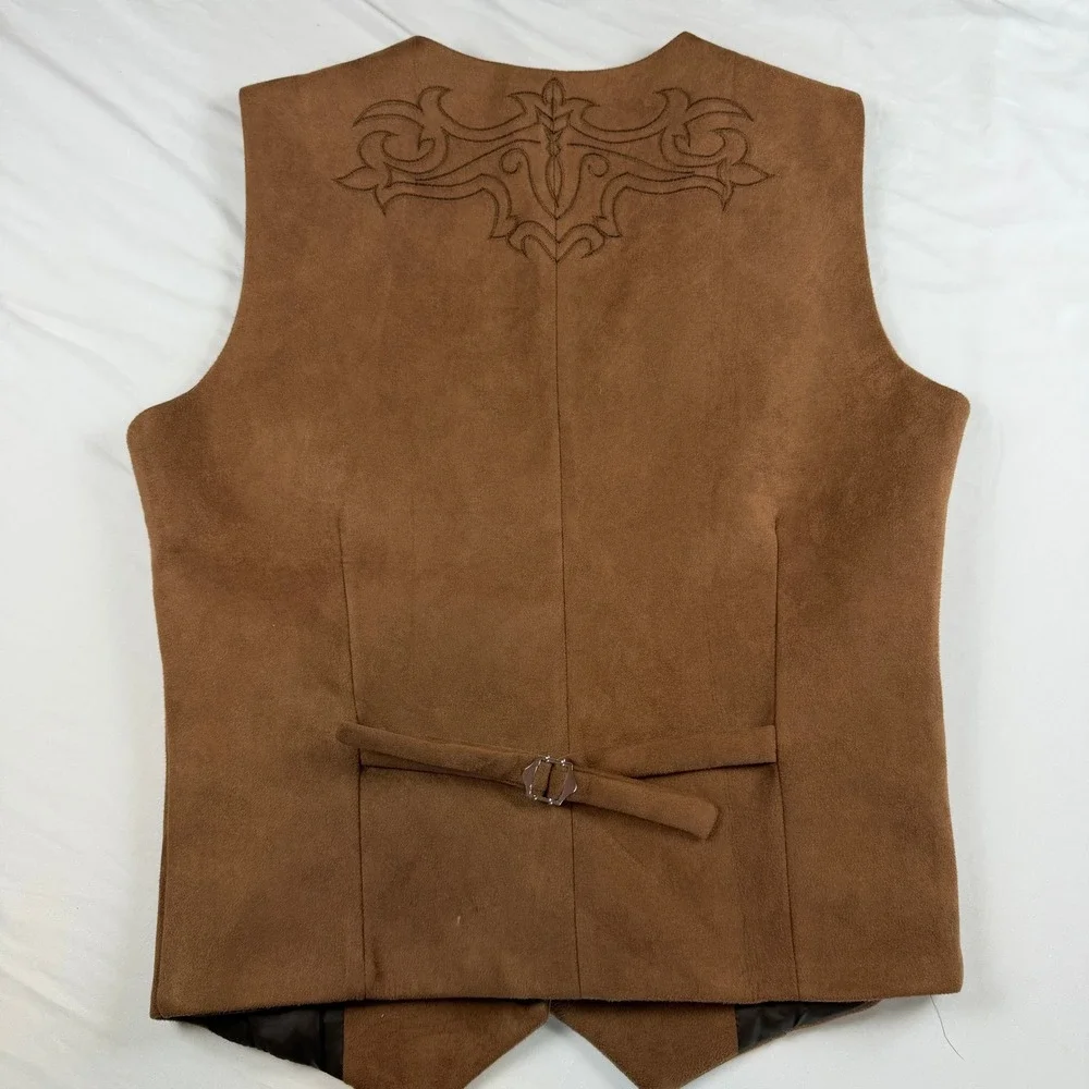 Paul Jones Mens Brown Faux Suede Western Vest Embroidered Cowboy Waistcoat Small